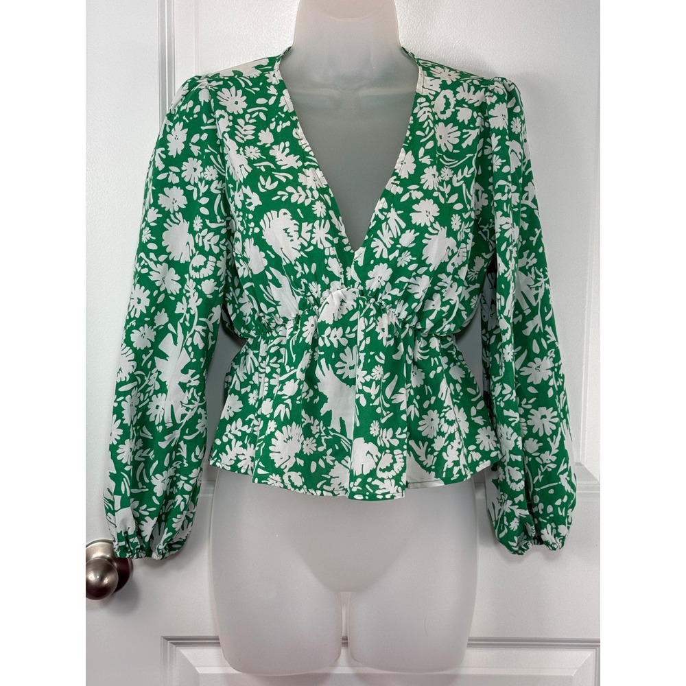Dizzy Lizzy BOHO Green White Floral Print Long Sleeve Peplum Crop Top Blouse XS‎